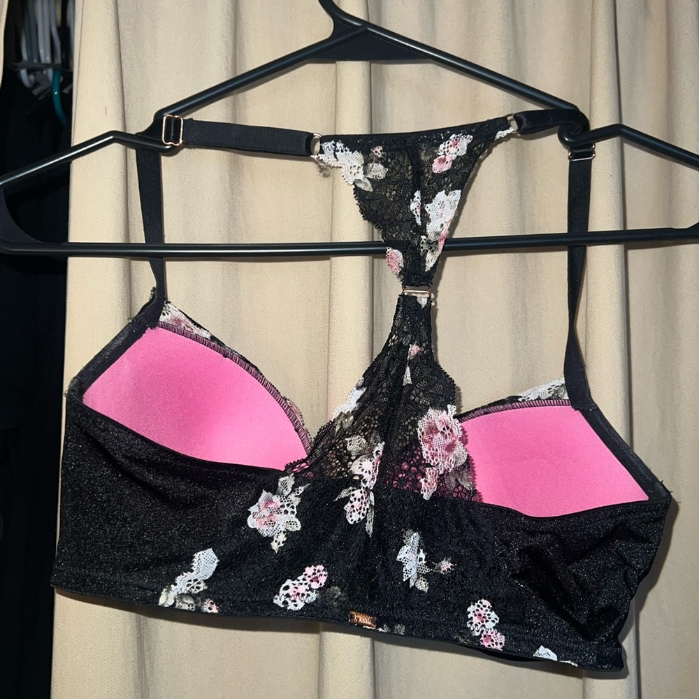 Victoria's Secret pink black lace floral riveted t back 32DD bra - Picture 3 of 4